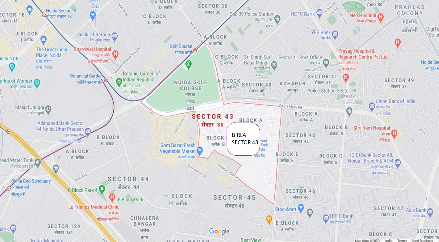 Birla Sector 43 Noida Location Map